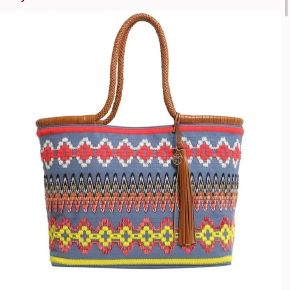 Tory Burch Taylor Aztec Linen Tote with Calf Leather.